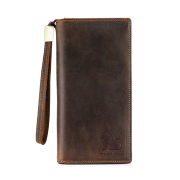 Men's Crazy Horse Genuine Leather Long Wallet RFID Blocking Purses