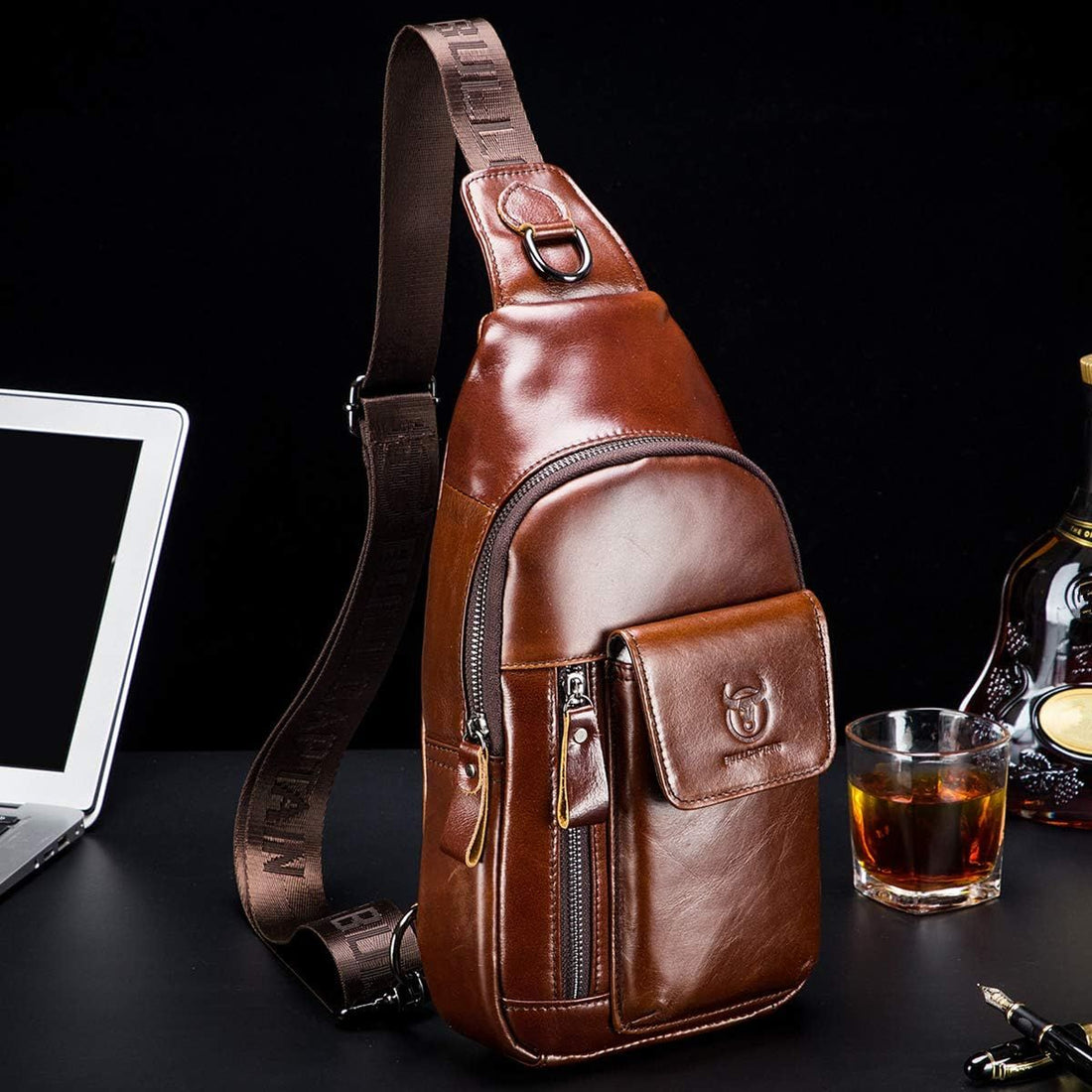Genuine Leather Sling Bag Multi-pocket Chest Crossbody Daypack Bag