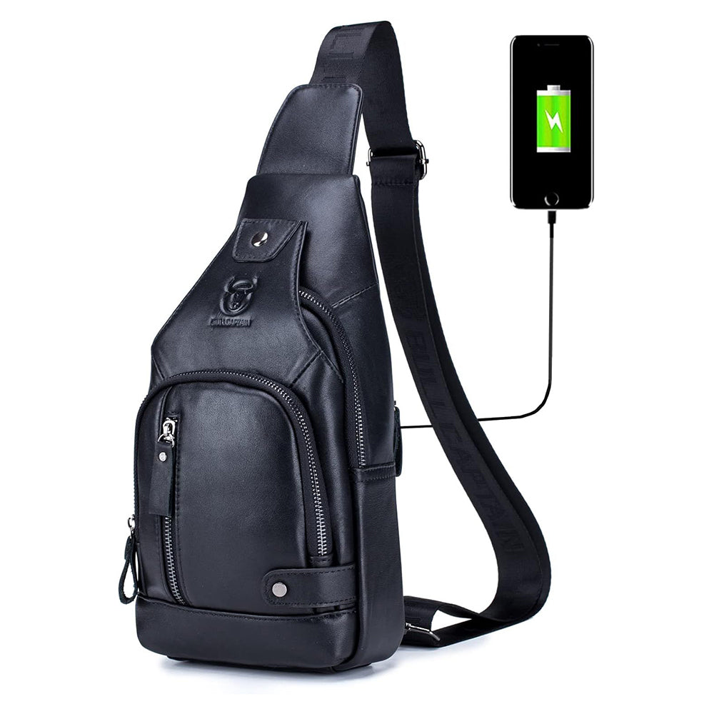 Genuine Leather Sling Bag with USB Charging Port Multi-pocket Bag