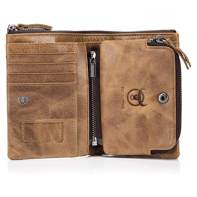 Men's Genuine Leather Wallet RFID Blocking Trifold Zipper Pocket Wallet