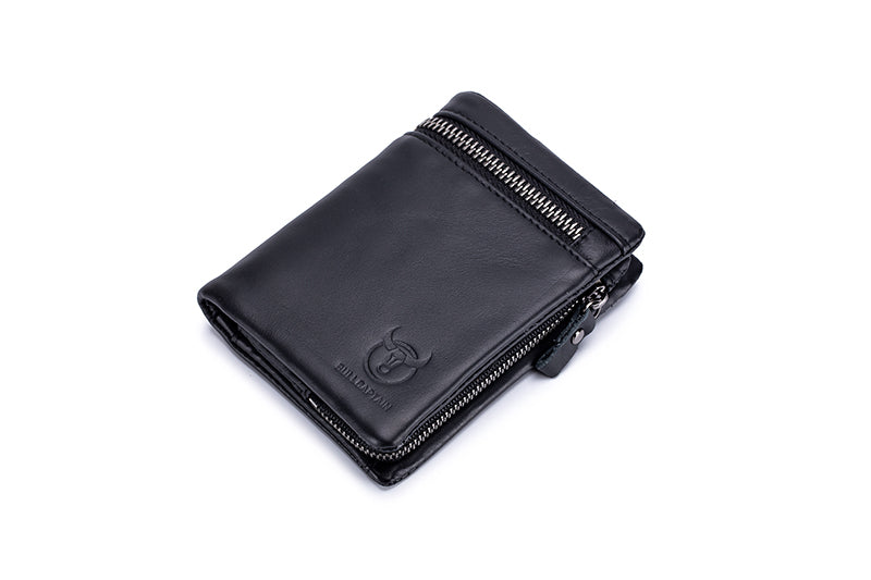 Men Genuine Leather Bifold Wallet with 2 ID Window Zipper Coin Purse
