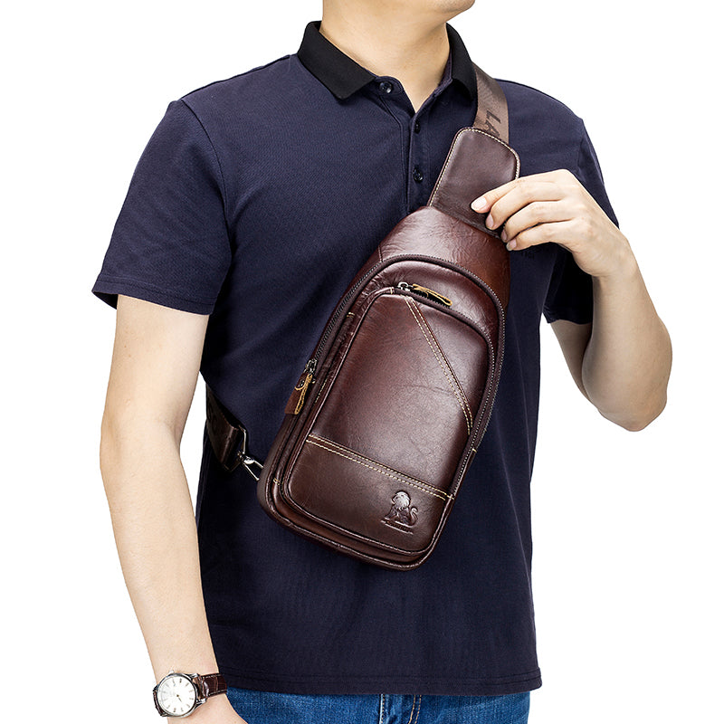 Men Leather Sling Bag Multi-pocket Crossbody Chest Hiking Daypack