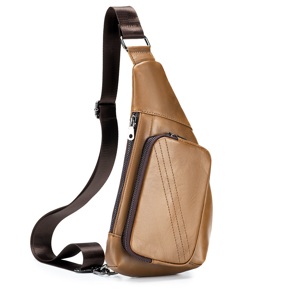 Men Sling Genuine Leather Chest Bag Casual Lightweight Shoulder Bag