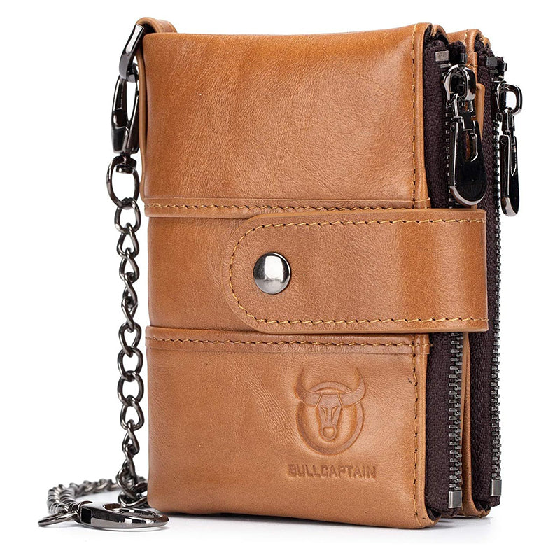 Men Wallet Genuine Leather RFID Blocking Wallets with Anti Theft Chain