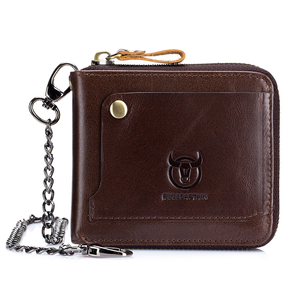 Men's Cowhide Genuine Leather Chain Wallet RFID Blocking Security Purse