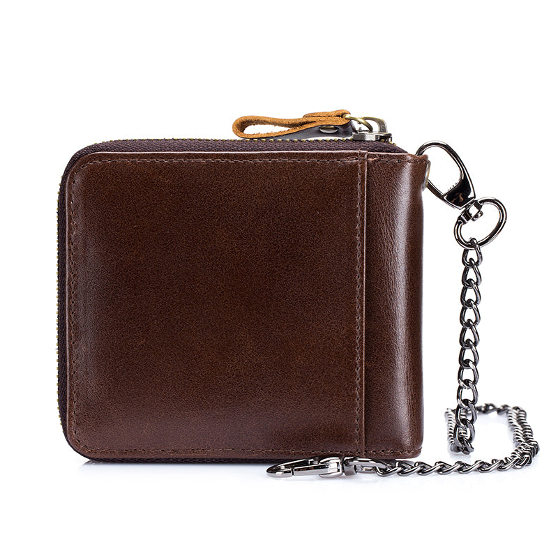 Men's Cowhide Genuine Leather Chain Wallet RFID Blocking Security Purse