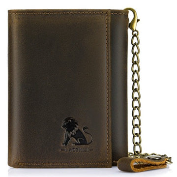 Men’s Genuine Leather Trifold Wallet with a Anti-theft Fixed Chain