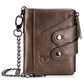 Men's Genuine Leather Wallet RFID Blocking Bifold Wallet With Chain
