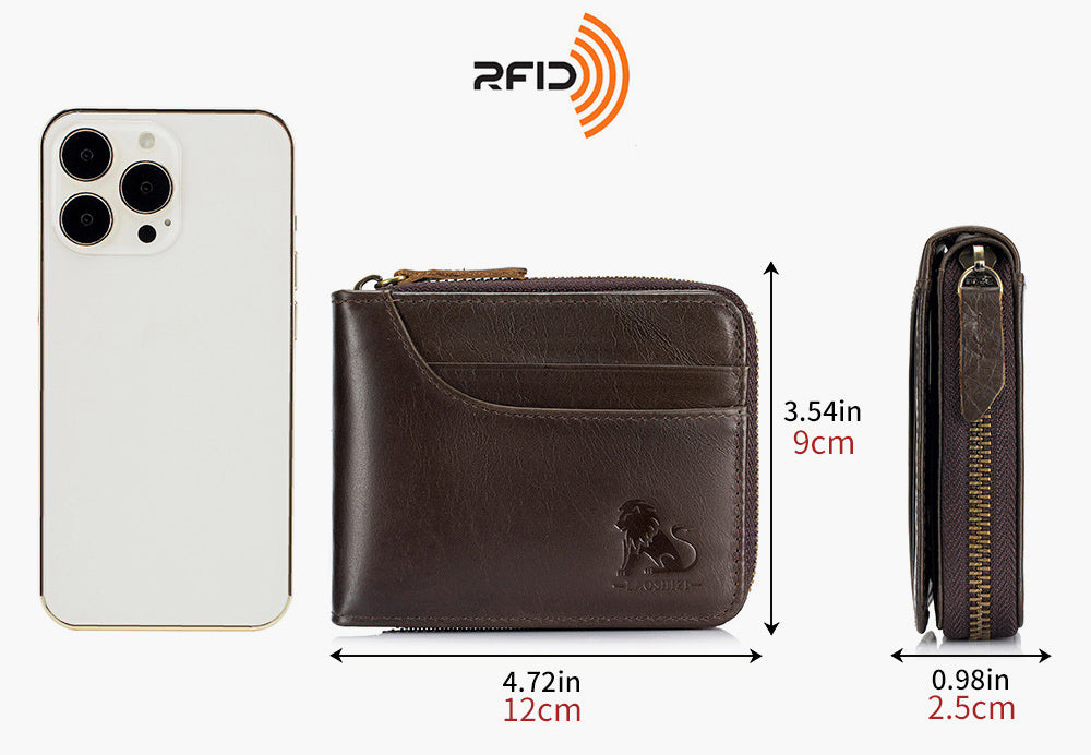 Mens Genuine Leather Zipper Wallet RFID Blocking Bifold Secure Wallets